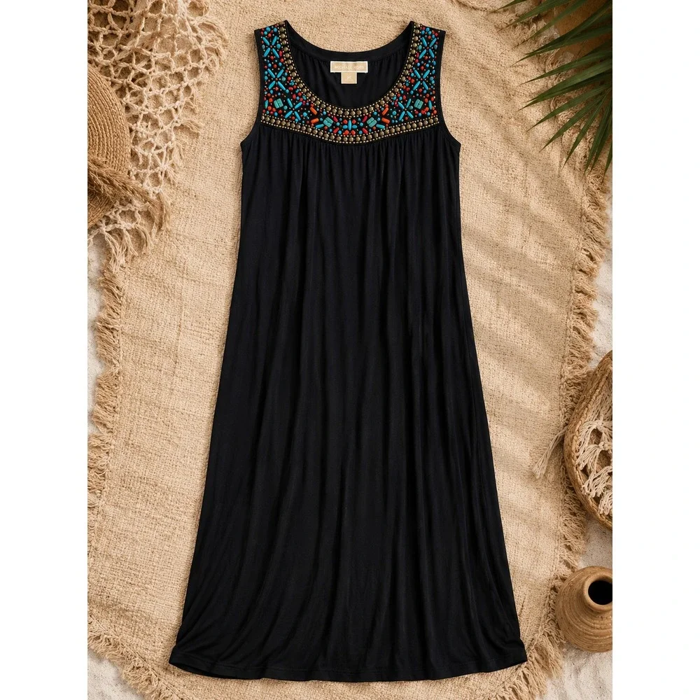 MICHAEL KORS Black Sleevelss Tank Maxi Dress Size 1X Beaded Neckline Boho Beach
